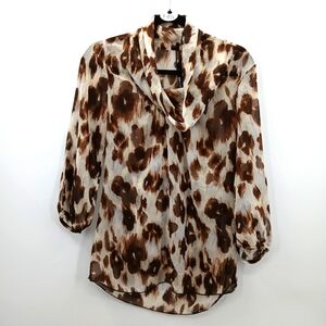 Renee C Brown Animal Printed Sheer Blouse Top Small